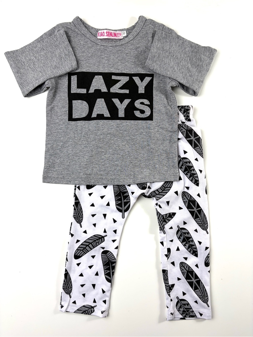 “Lazy Days” 2-pc. Toddler Gray Long Sleeve Top & Feather Print Pants, Sz 12-18m